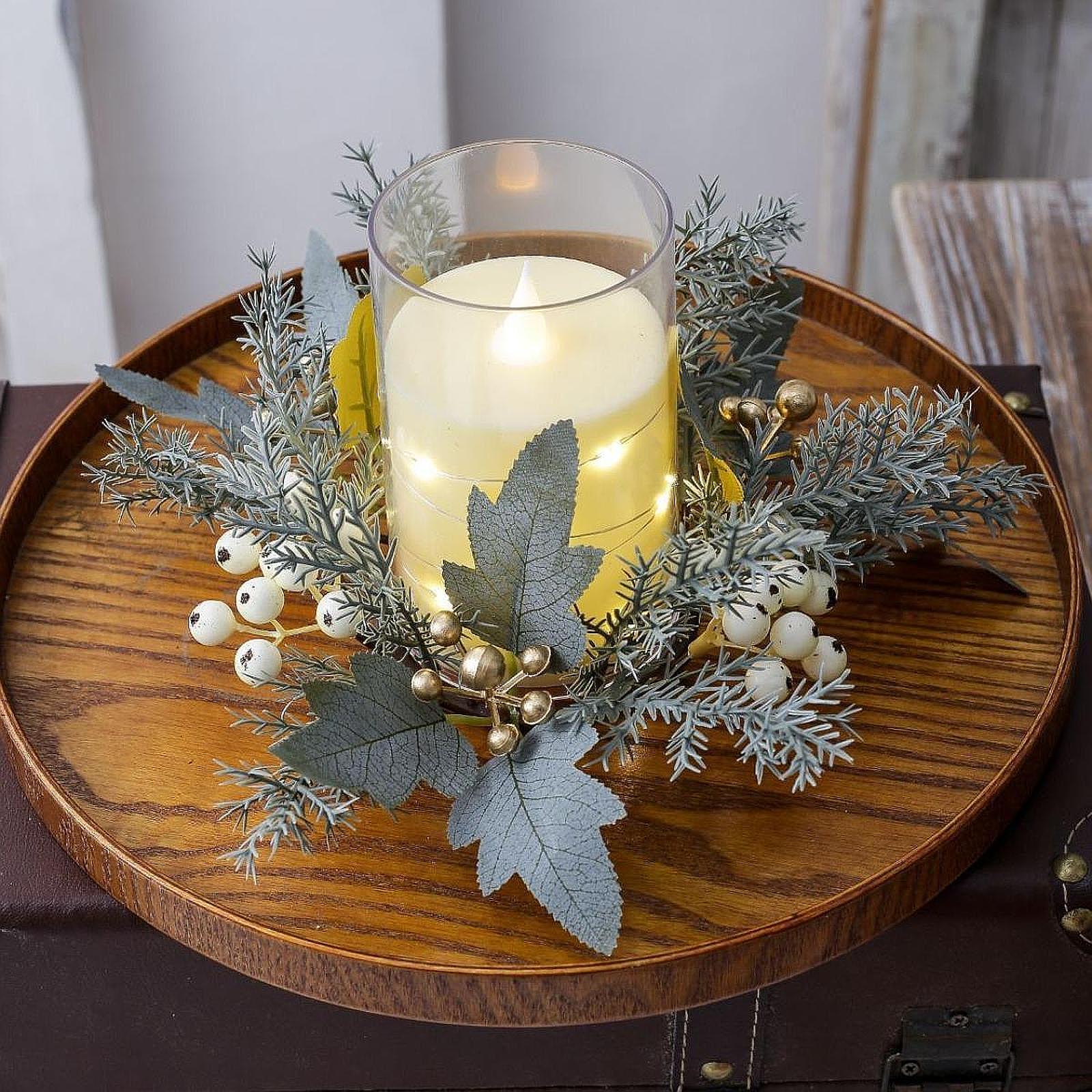 Candle Holder Decor - Handgefertigter Künstlicher Blumen-Kerzenkranz für Feiertags-Tischdekoration PP-Girlandenring