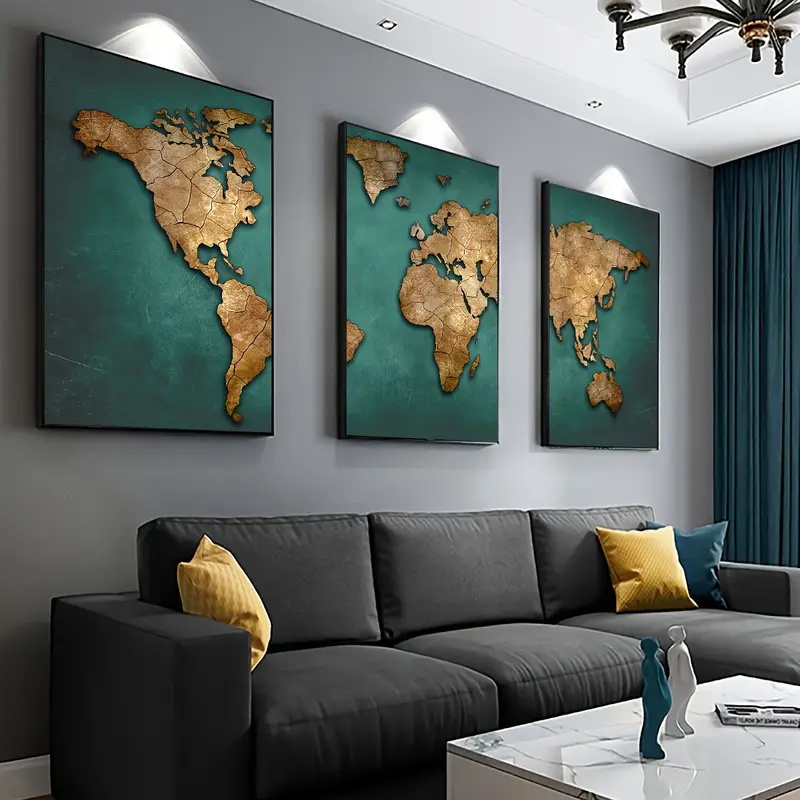 Abstract Canvas Set - Retro Weltkarte 3-teiliges Set Leinwand-Poster Nordische