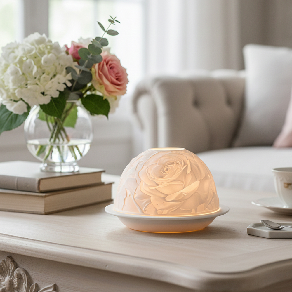 Candle Holder Decor - Eleganter Rosenporzellan-Kerzenhalter, warmes Leuchten, Nachtlicht für