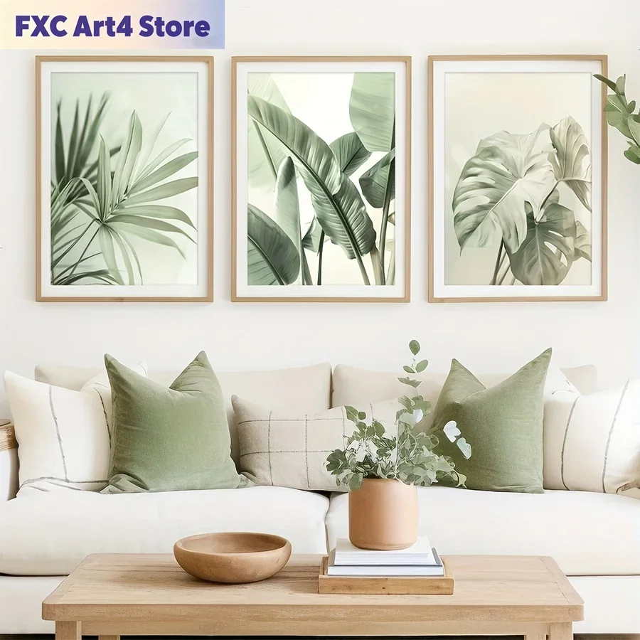 Abstract Canvas Set - Rahmenlose 2D-Flachbilder, 3er-Set tropische Pflanzen-Wandkunst-Deko-Gemälde, salbeigrüne
