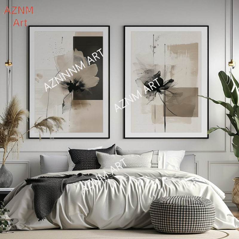 Abstract Canvas Set - 1/2-teiliges minimalistisches Blumen-Kunstdruckset: Beige und schwarze